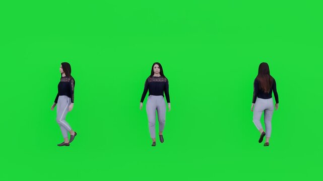 4K 3D render of a young woman walking on a green screen background, wearing modern casual office clothing. Ideal for chroma key VFX, business presentations, training videos, advertising
