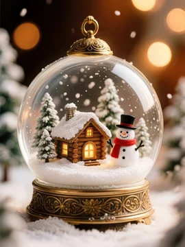 Festive Snow Globe with Tiny Cabin and Snowman in Soft Warm Atmosphere