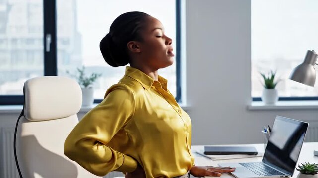 African american woman suffering from back pain during work in office. Uncomfortable prolonged sitting at computer causing discomfort.