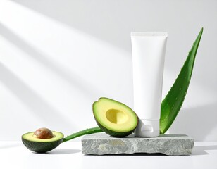 Tube, avocado halves, & aloe on stone, lit from above