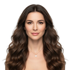 Close Up Portrait Of A Young Woman With Long Wavy Brown Hair And A Delicate Necklace Smiling Gently With Soft Studio Lighting Against A Transparent Background