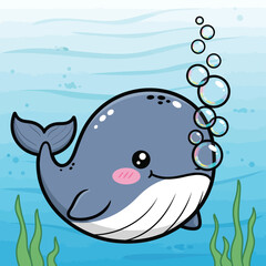 Cute Cartoon Blue Whale Swimming Underwater. Happy Marine Mammal Character Blowing Bubbles in Ocean with Seaweed for Kids Design Vector Illustration.