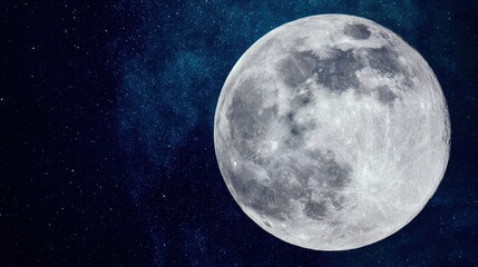 telephoto. Super moon in crisp detail against a deep blue night sky with visible lunar craters. STEM education sheets, lab safety posters, designed for STEM education and laboratory safety posters.
