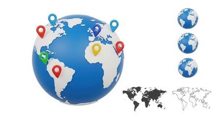 3 D globe with colorful location pins and world map outlines earth