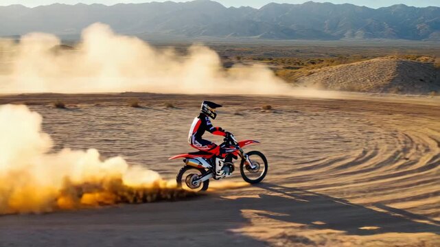 A person riding a dirt bike in a desert landscape with mountains in the background view