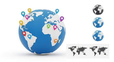 Blue globe with colorful location pins and world map graphics earth