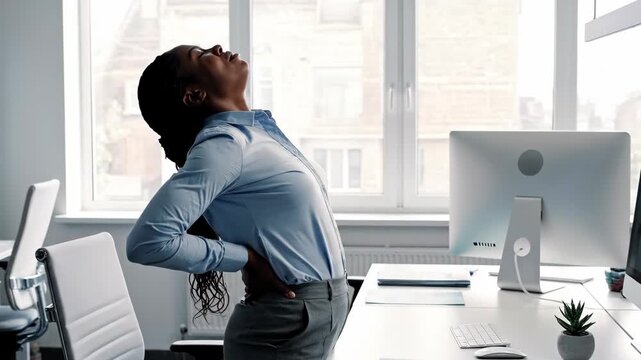 Woman stretching her back in office, experiencing back pain from work, standing and arching for relief, video footage.