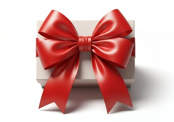 Close-up of a white gift box tied with a large, shiny red ribbon and bow, concept for Valentine's Day, Christmas present and birthday celebration