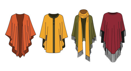 Four colorful poncho designs displayed on a white background fashion illustration