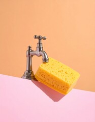 Faucet with yellow sponge, pink and beige backdrop