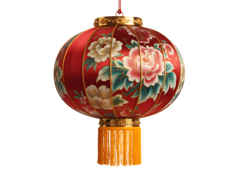 Traditional chinese lantern with floral design isolated on transparent background isolated on transparent background - Powered by Adobe