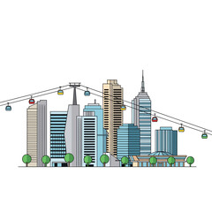 Obraz premium Modern Cityscape Illustration with Cable Car System and Green Trees: Urban Environment and Sustainable Transportation Design for Website Background or Presentation, and for City-Themed Project