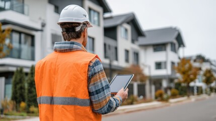 Construction worker inspecting new residential buildings with tablet.