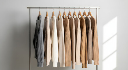 Neutral toned sweaters neatly arranged on a clothing rack, symbolizing minimalist style and organization.