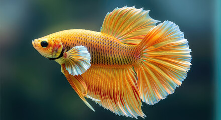 Radiant Golden Betta Fish Showcasing Exquisite Fins in Vivid Color and Detail, Swimming Elegantly Against a Calm Aquamarine Background, a