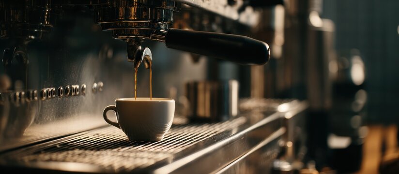 Espresso machine brewing coffee into a cup in a cafe.