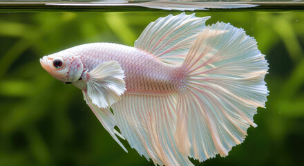 Serene Underwater World: A Captivating Close-Up of a Betta Fish's Graceful Movement Amidst Lush Greenery, Showcasing its Elegance and Beauty.