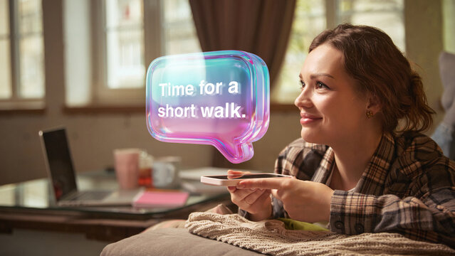 Bright artwork. Woman holding smartphone as glass-liquid speech bubble from AI assistant suggests taking a walk. Concept of wellness apps, activity reminders, lifestyle platforms and habit tools. - Powered by Adobe