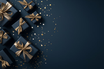 Elegant Navy Blue Gift Boxes with Gold Ribbons and Star Confetti - Luxury Holiday Flat Lay with Copy Space