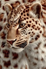 Obraz premium Closeup of a leopard's face with detailed fur, spots, and sharp gaze in warm light