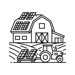 Line art of a solar powered farm with barn isolated on