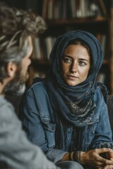 Fototapeta premium Thoughtful woman in denim scarf engaged in deep conversation in library