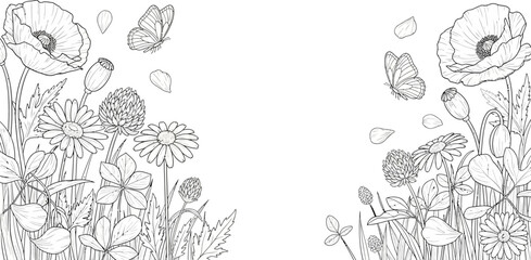 Detailed line art illustration of a spring meadow with blooming poppies, daisies, and various wildflowers, featuring delicate butterflies and falling petals, perfect for coloring.