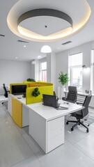 Modern office space, yellow dividers, bright, minimalist