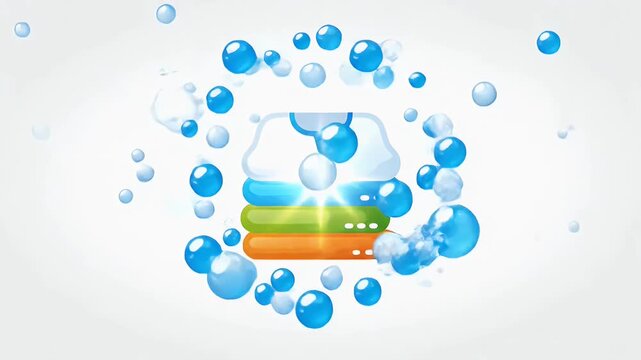 Stylized animation of folded laundry pile with bubbles representing freshness and cleanliness