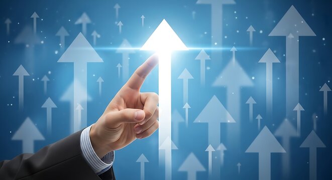 Hand pointing at glowing upward arrow finger touching