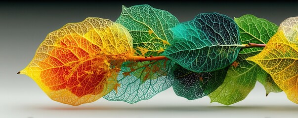 Colorful leaf texture with rainbow veins on stem, vivid natural pattern for design imagery
