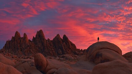 wideangle. A lone climber silhouetted on a rock formation at dusk, framed by a vibrant sunset color palette. inspiring travel planning.