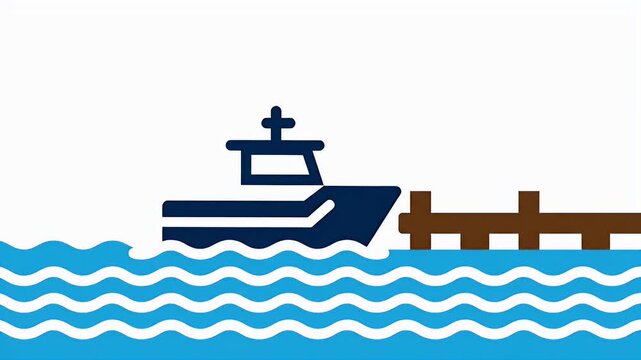 Stylized boat icon arriving at a wooden dock on wavy water illustration
