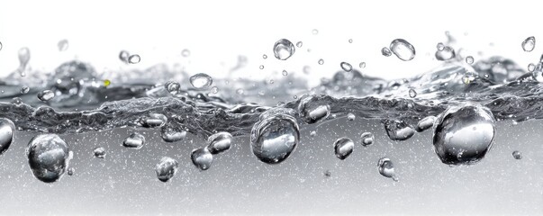 Water droplets and bubbles on a liquid surface with a transparent background, creating a dynamic splash