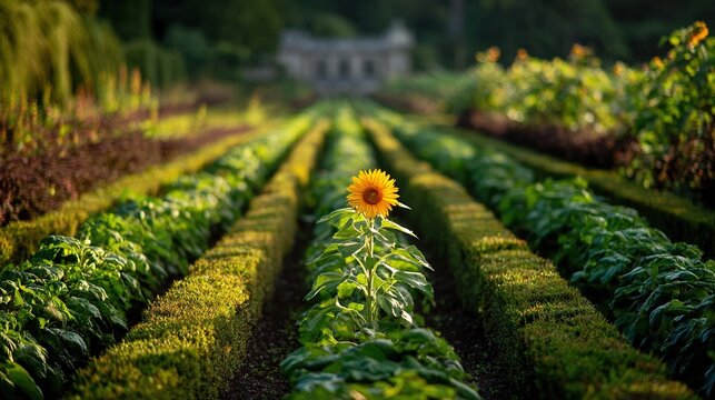 rebellious. Manicured garden with aligned flowers and one rebellious sunflower in morning light. ESG reports, sustainability campaigns, designed for environmental awareness campaigns.