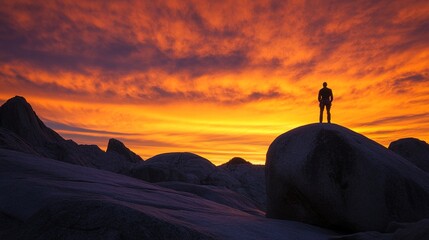 wideangle. A lone climber silhouetted on a rock formation at dusk, framed by a vibrant sunset color palette. inspiring travel planning.