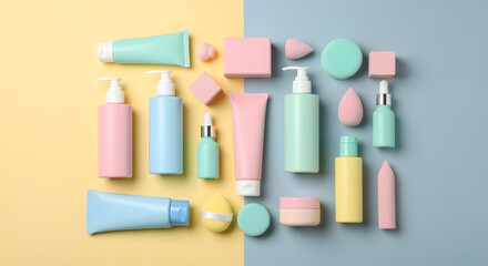 Aesthetic arrangement of pastel skincare bottles and cosmetic products on a split yellow and blue background