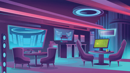 Futuristic lounge with glowing screens and purple chairs