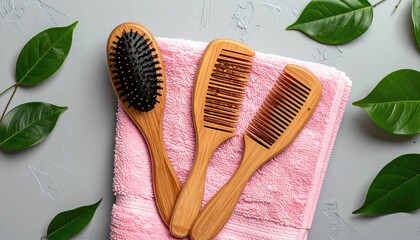 Wooden combs & brush on pink towel, green leaves