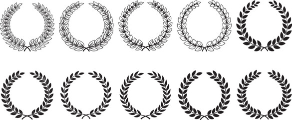 Set of Black and White Vector Laurel Wreath Award Icons, Classic Victory, Champion, and Achievement Symbols, Olive Branch Wreaths for Badge, Logo, and Branding Design Templates.