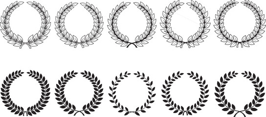 Set of Black and White Vector Laurel Wreath Award Icons, Classic Victory, Champion, and Achievement Symbols, Olive Branch Wreaths for Badge, Logo, and Branding Design Templates.