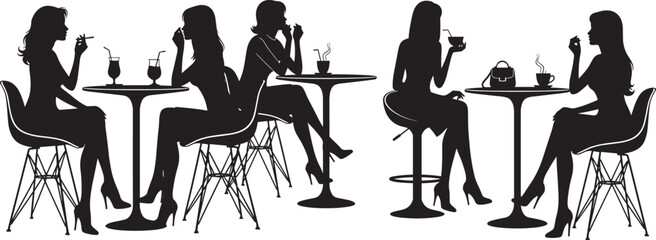 Silhouette Vector Set of Young Women Sitting and Chatting in a Cafe or Bar, Drinking Beverages, Meeting Friends, and Relaxing with Cocktails and Coffee, Socializing Graphics.