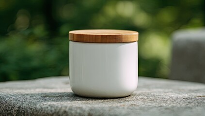 White ceramic container with wooden lid on a stone surface.