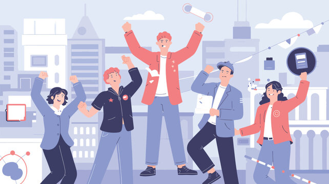 Diverse group of people celebrating success in a city