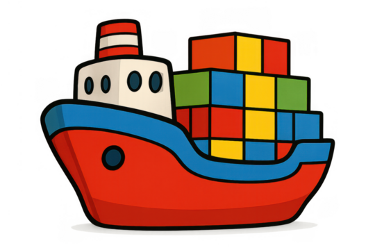 Cargo ship transporting containers, global logistics and freight delivery, transparent background illustration