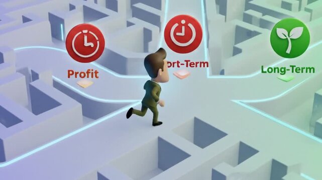 Animated businessman navigating a digital maze, choosing paths between profit, people, and time horizons, representing a complex business decision concept