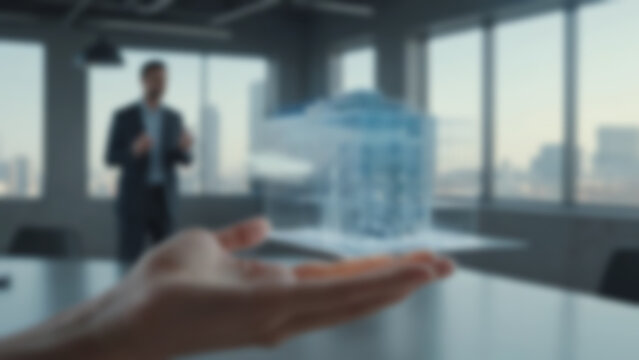 Blurred background of designer presenting 3D AR architectural model, glowing building hologram, meeting room background, morning, soft daylight. - Powered by Adobe