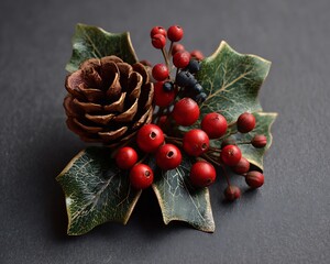 Close up of a pine cone with red berries and green leaves on a dark gray surface for christmas decor