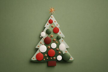 A christmas tree on a green wall decorated with ornaments and a star on top in a festive setting