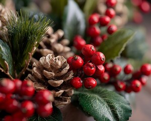 A close up view of pine cones red berries and green leaves in a festive arrangement for the holidays